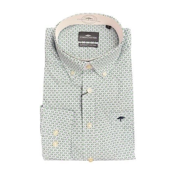 Fynch Hatton Small Print LS Shirt - Green - 1412 5380 722